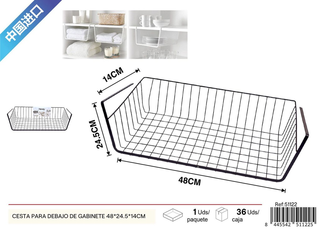 Cesta para debajo del gabinete grande negra 48x24.5x14cm - Organización y almacenaje