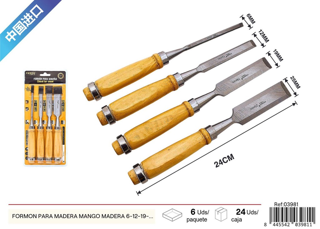 Set de formones para madera mango de madera 6-12-19-25mm - Herramientas de carpintería