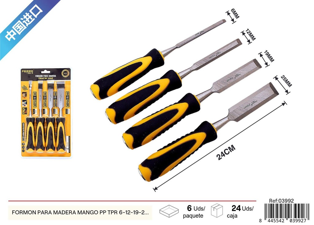 Set de formones para madera mango de plástico PP+TPR 6-12-19-25mm - Herramientas de carpintería