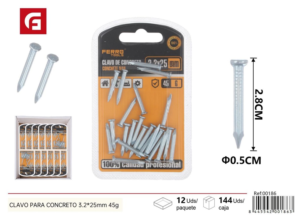 Clavo para concreto 3.2*25mm 45g - Accesorios de ferretería