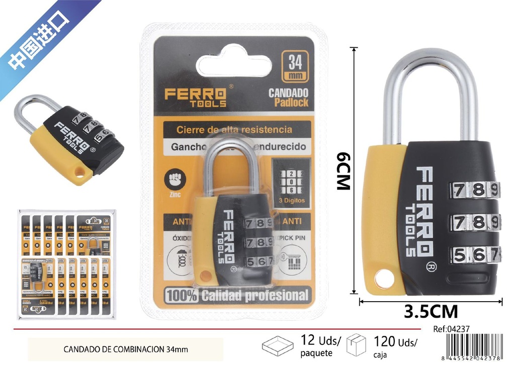 Candado de combinación de aleación de zinc 34mm - Cerraduras de seguridad