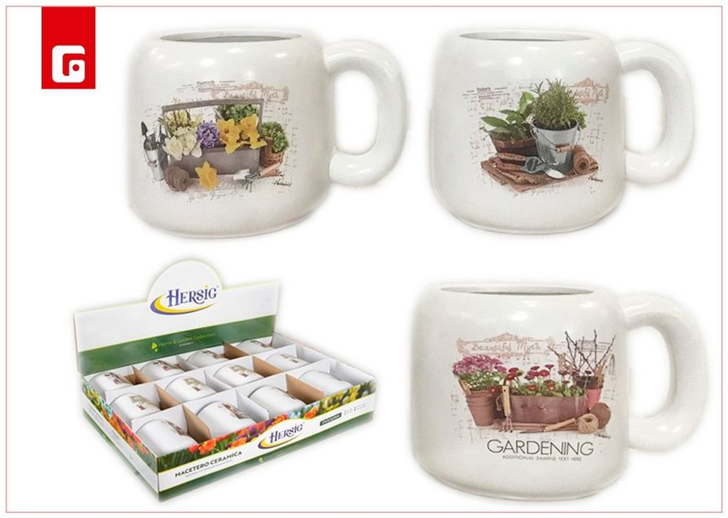 Maceta taza con detalle de plantas - Maceta decorativa de cerámica para el hogar