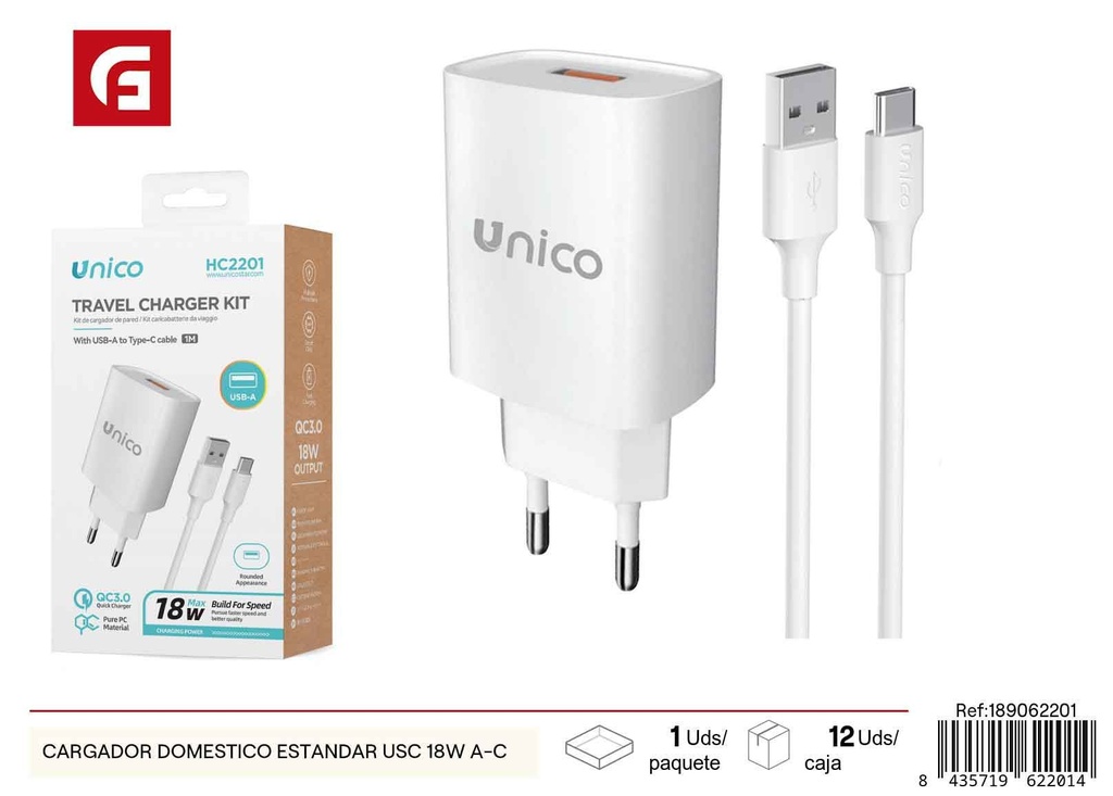 Cargador doméstico estándar USB A-C 18W - Cargadores de teléfono