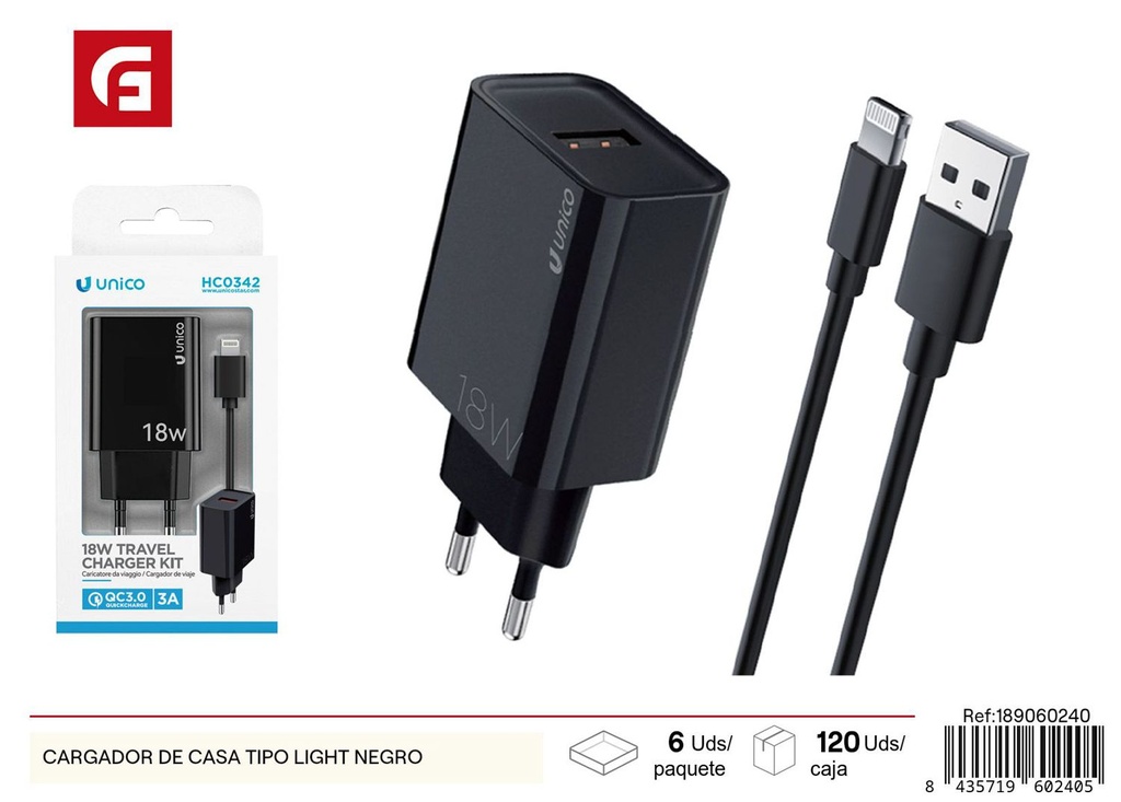 Cargador doméstico tipo light negro - Electrónica