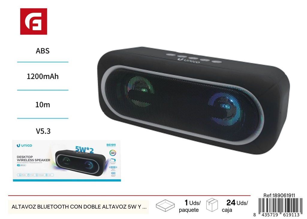  Altavoz Bluetooth con doble bocina 5W y 2 luces LED - Altavoz portátil