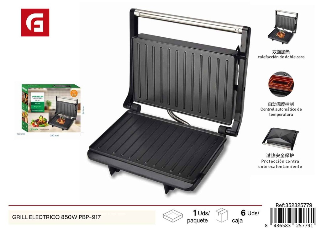 Grill eléctrico 850W modelo PBP-917 - Electrodomésticos para cocinar y asar