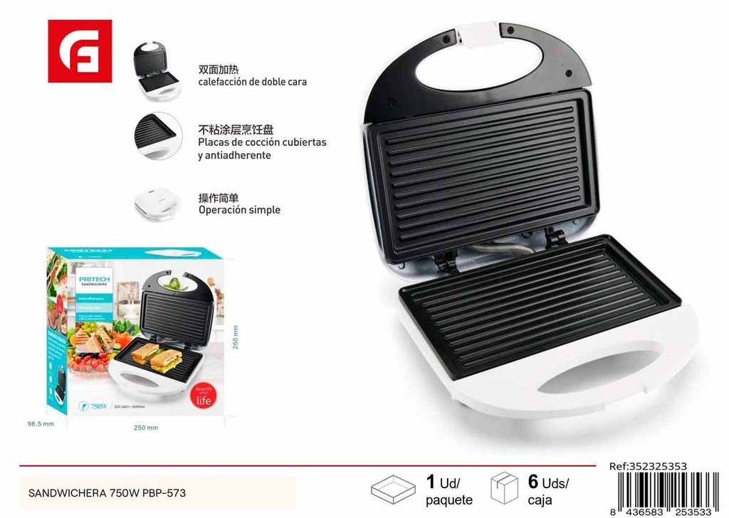 Sandwichera 750W modelo PBP-573 - Electrodomésticos de cocina para preparar sándwiches