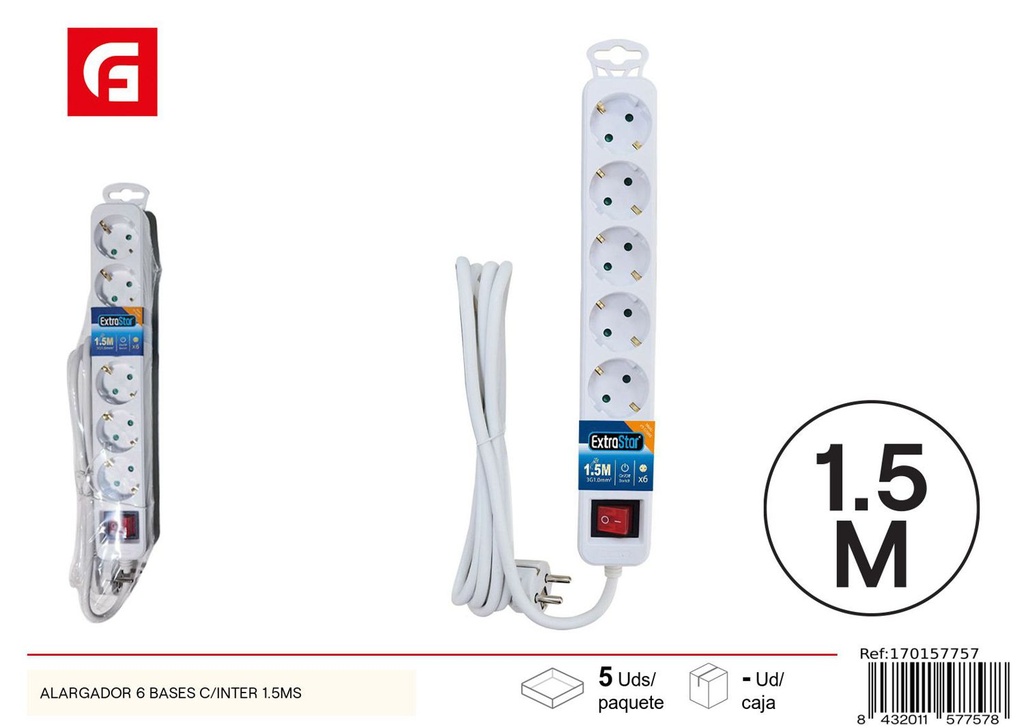 Regleta de 6 bases con interruptor 1.5m - Accesorios eléctricos