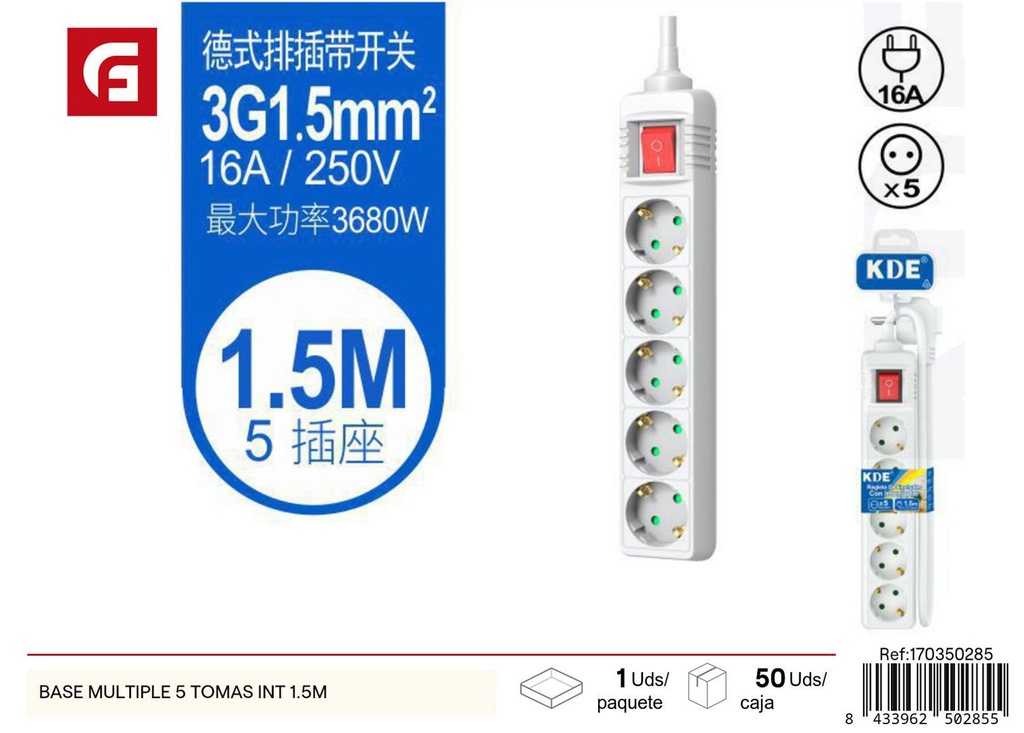 Base múltiple con 5 tomas e interruptor 1.5 m - Accesorios eléctricos