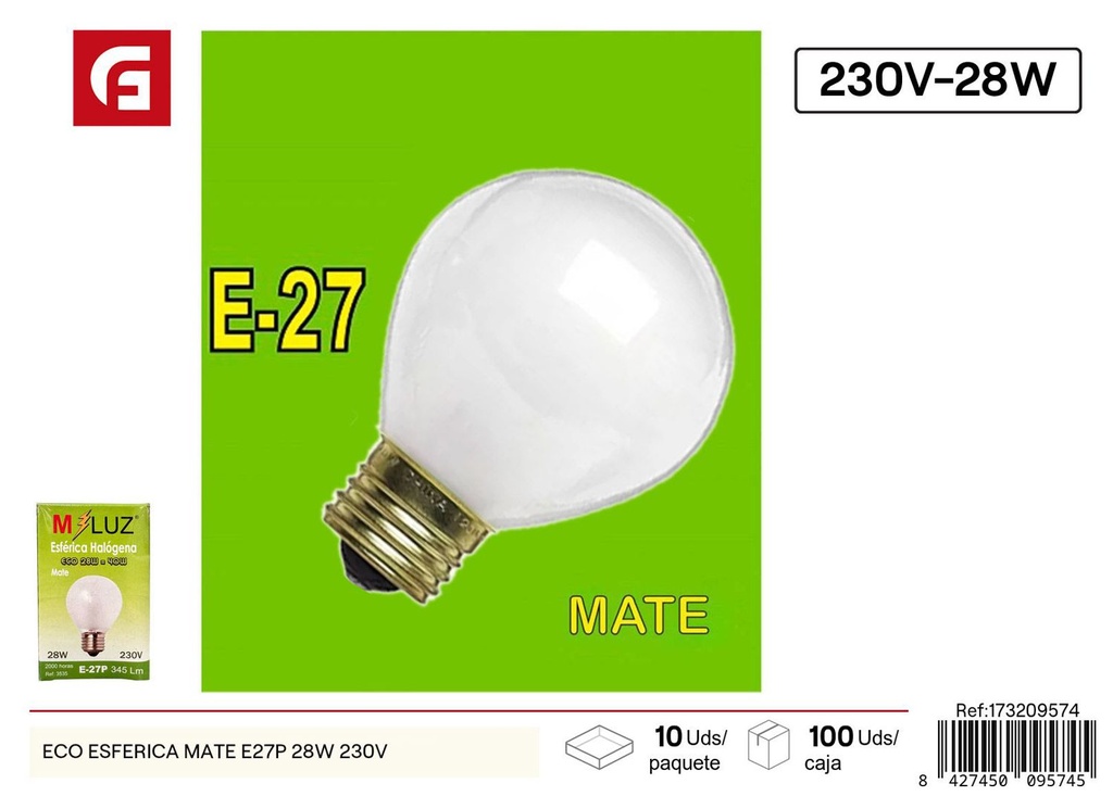 Bombilla esférica ecológica mate E27P 28W 230V - Iluminación y ahorro energético