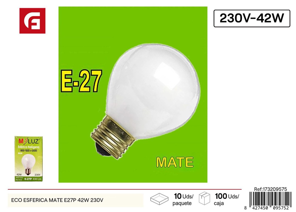 Bombilla esférica ecológica mate E27P 42W 230V - Iluminación eficiente y halógena