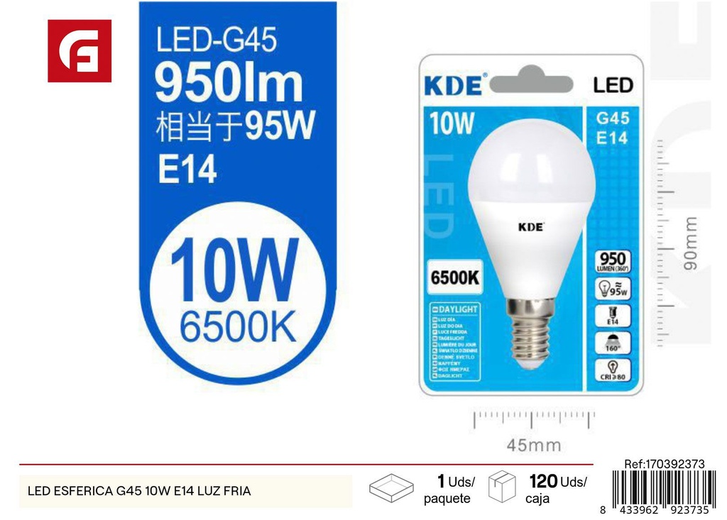 Bombilla LED esférica G45 10W luz fría - Iluminación LED y bombillas eﬁcientes