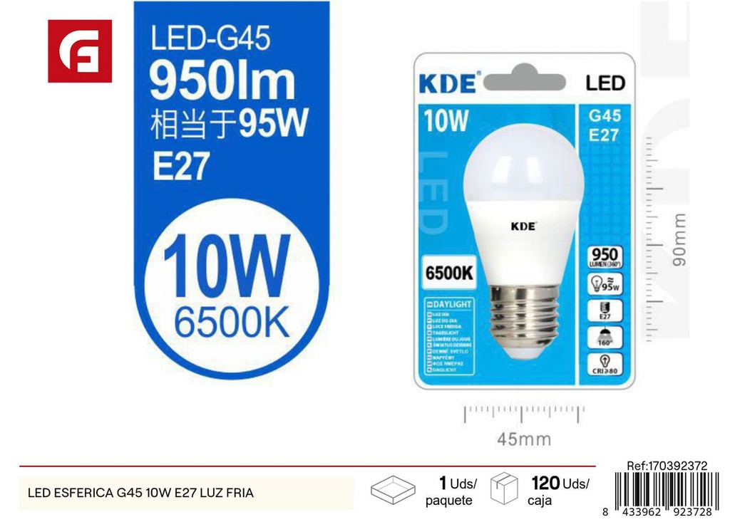 Bombilla LED esférica G45 10W E27 luz fría - Iluminación eficiente y clara