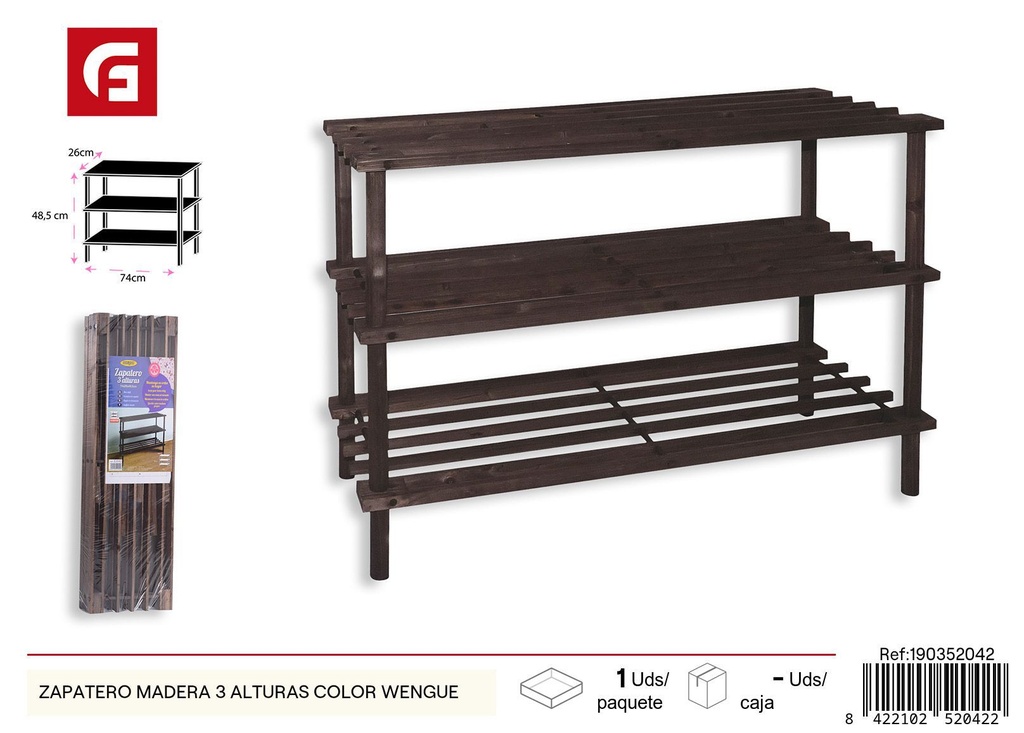 Zapatero madera 3 alturas color wengué - Almacenamiento y organización para calzado