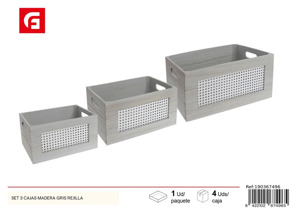  set de 3 cajas de madera gris rejilla - Almacenaje decorativo