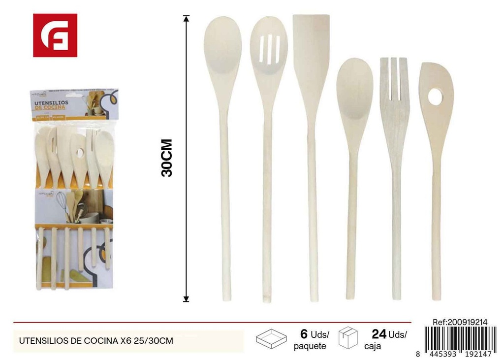 Utensilios de cocina de bambú x6 25/30cm - Set de cuchara y tenedor