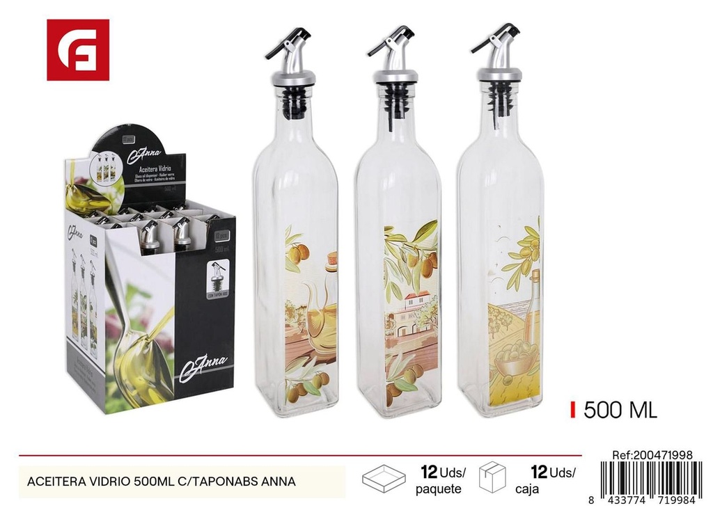 Aceitera de vidrio 500 ml con tapón ABS Anna - Utensilios para aceite y cocina