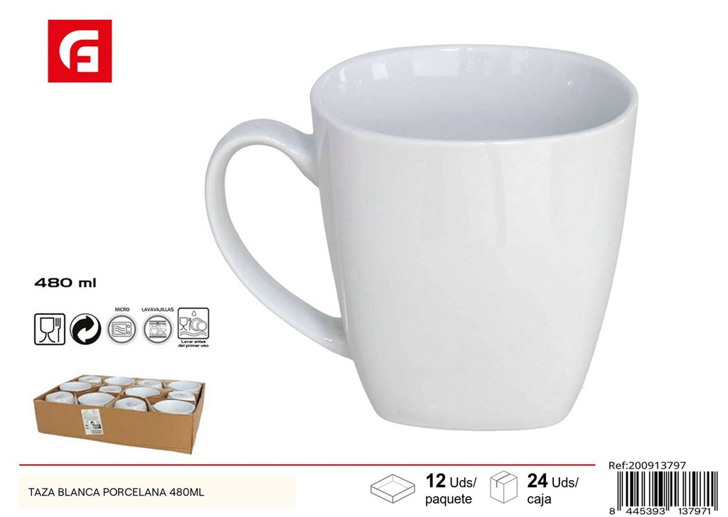 Taza blanca de porcelana 480ML - Cristalería