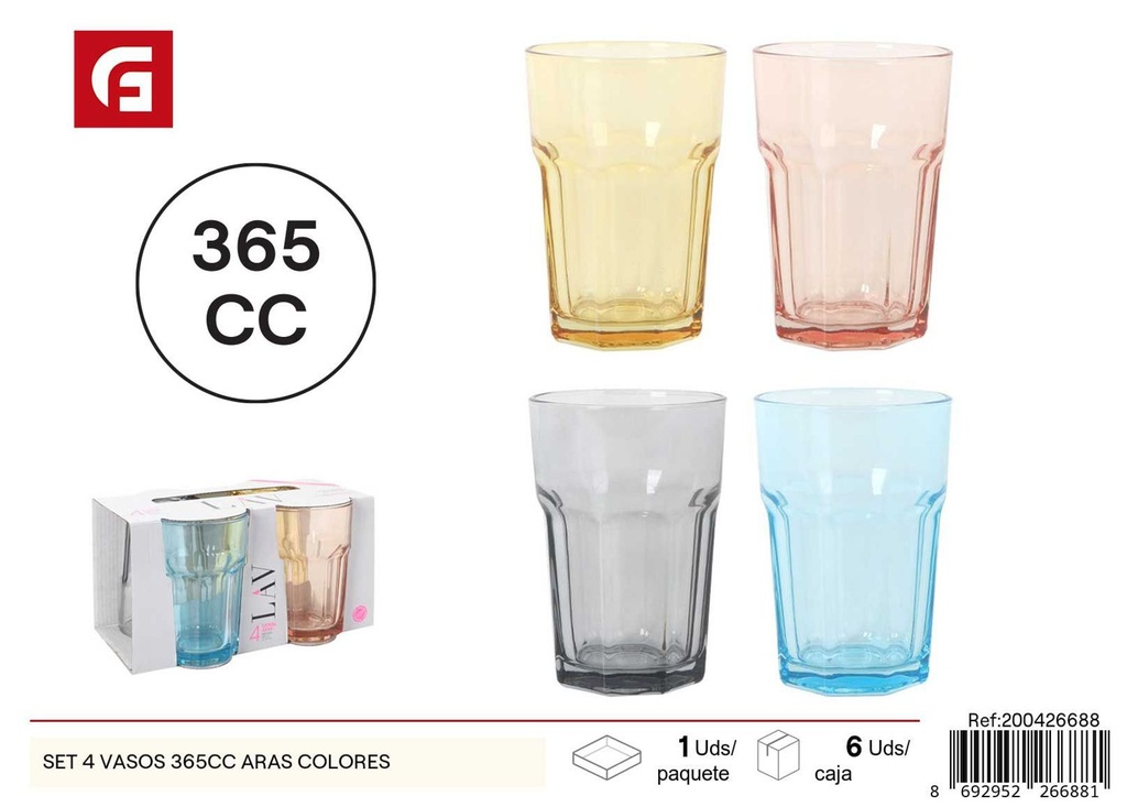 Set de 4 vasos de vidrio 365 cc - Utensilios de cocina