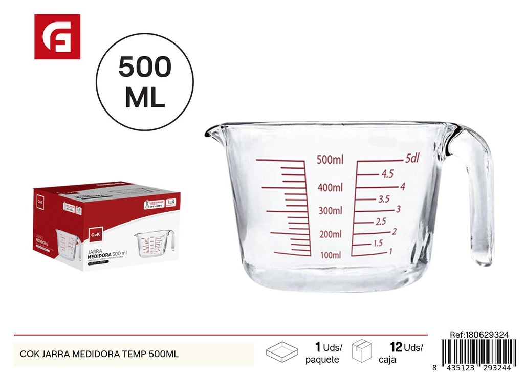 Jarra medidora de vidrio con termómetro 500ml - Cristalería y utensilios de medición