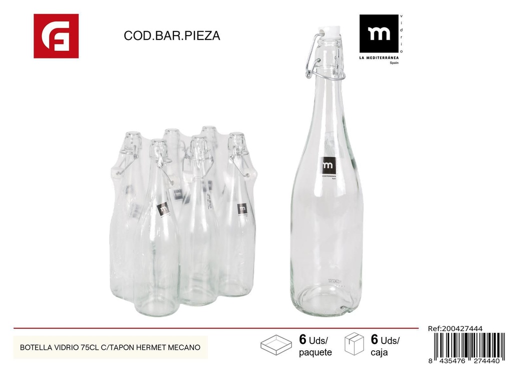 Botella de vidrio de 75cl con tapón hermético mecánico - Botellas de vidrio