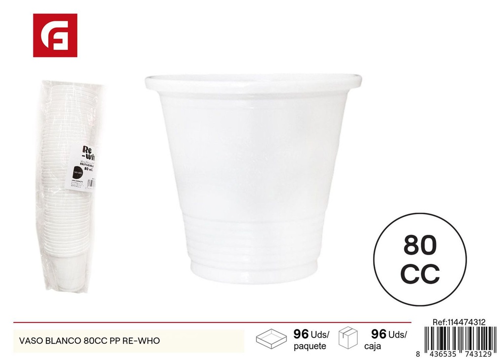  Vaso plástico blanco 80cc reutilizable - Vasos desechables y de plástico