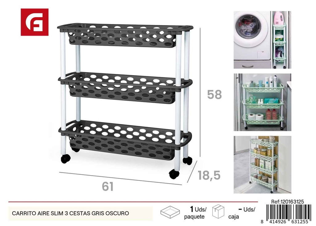 Carrizo aire slim 3 cestas gris oscuro - Plastico para organización