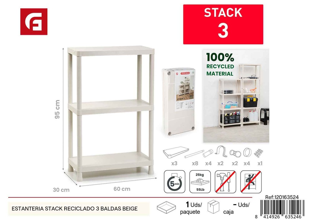 Estantería Stack reciclada 3 baldas beige - Mobiliario del hogar