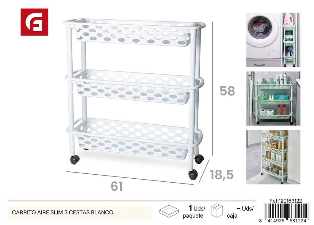 Carrito Aire Slim de 3 cestas blanco - Mueble auxiliar y almacenamiento