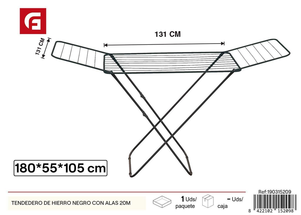 Tendedero de hierro negro con alas de 20 m - Accesorio para secado de ropa