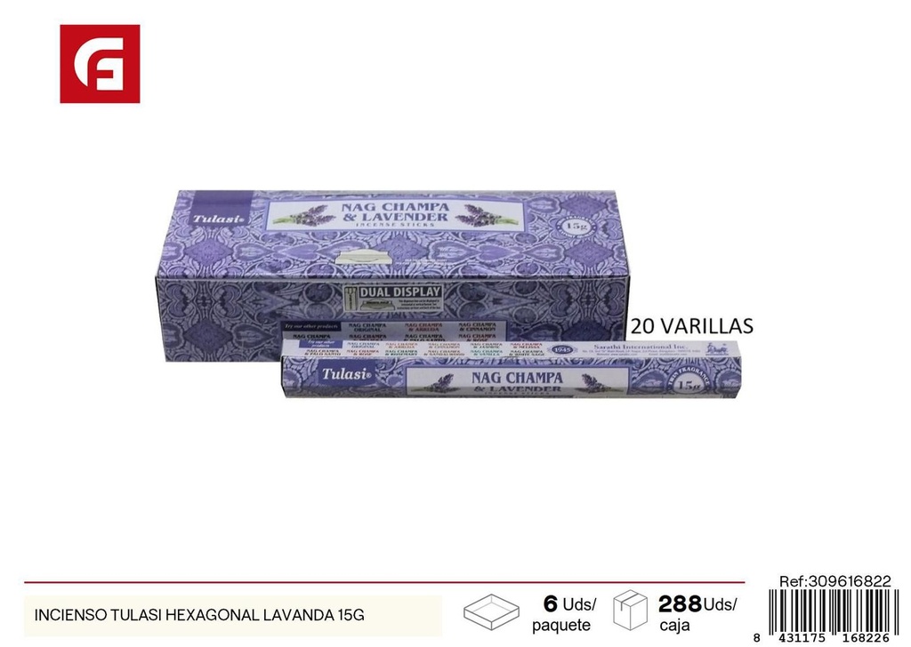 Incienso Tulasi hexagonal lavanda 15g - Ambientadores y velas