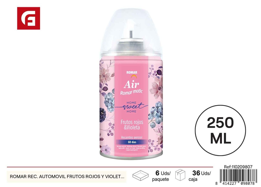 Recambio para ambientador de automóvil frutos rojos y violeta 250 ml - Ambientadores de coche