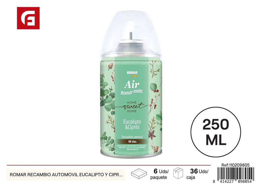 Recambio para ambientador de automóvil eucalipto y ciprés 250 ml - Ambientadores de coche