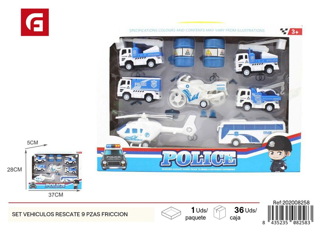 Set de vehículos de rescate, 9 piezas, coche de fricción - Juguetes