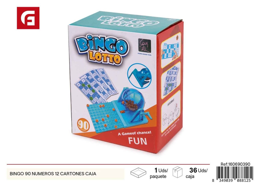 Bingo 90 números 12 cartones en caja - Paquete completo de juego de bingo