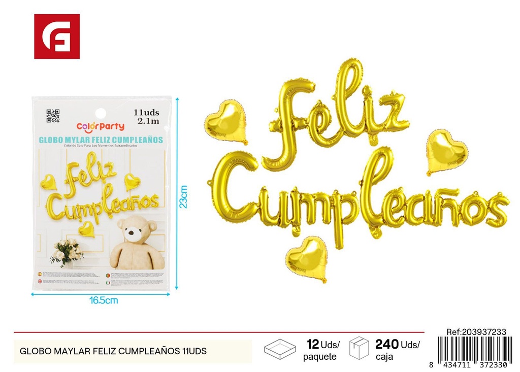 Globo Mylar "Feliz Cumpleaños" 11 unidades - Decoración de fiesta