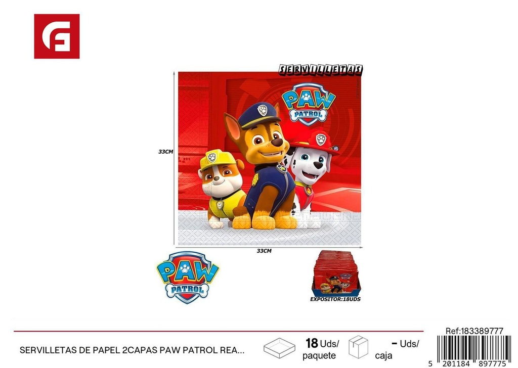 Servilletas de papel 2 capas PAW PATROL - Artículos de fiesta