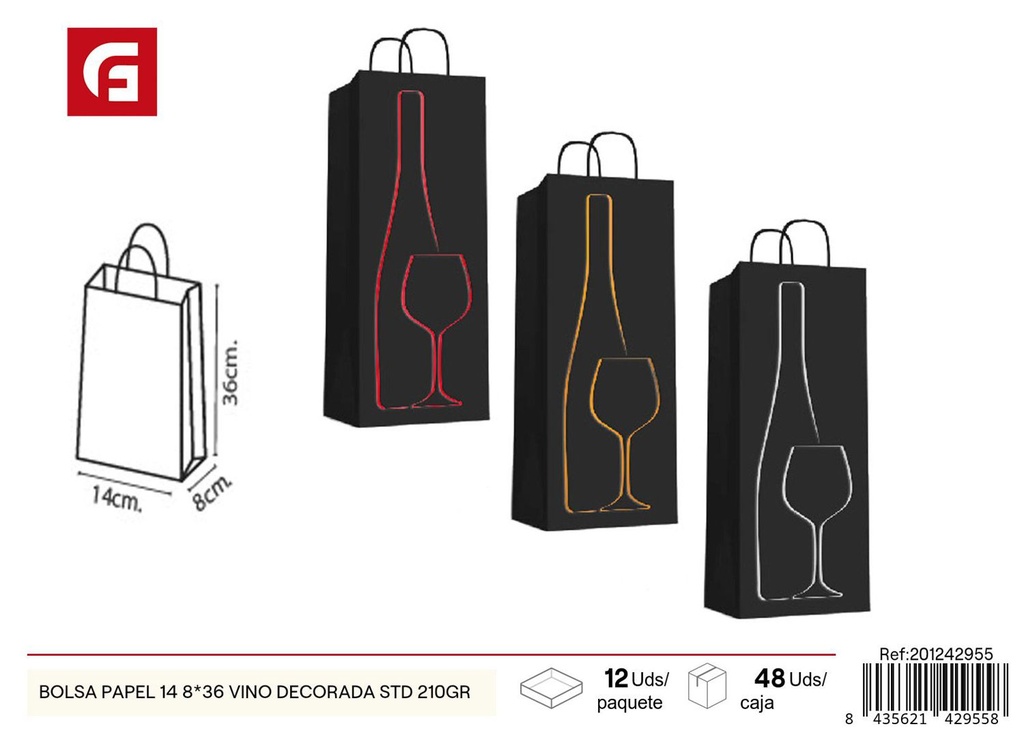 Bolsa papel 14+8x36 210gr vino decorada std - Artículos de regalo