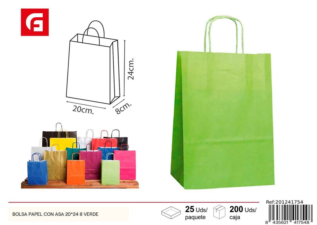 Bolsa de papel con asa 20*24+8 verde - Artículos de regalo