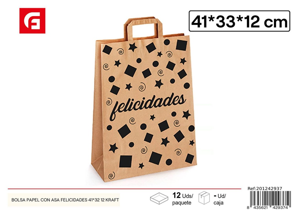 Bolsa de papel con asa Felicidades 41x32+12 Kraft - Artículos de regalo