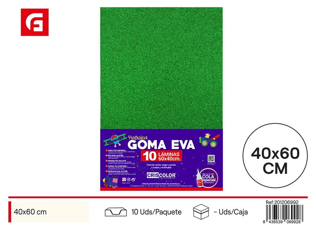 Goma EVA purpurina verde 40x60 cm - Set de 10 unidades