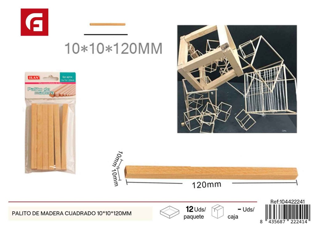 Palito de madera cuadrado 10*10*120mm - Material de manualidades