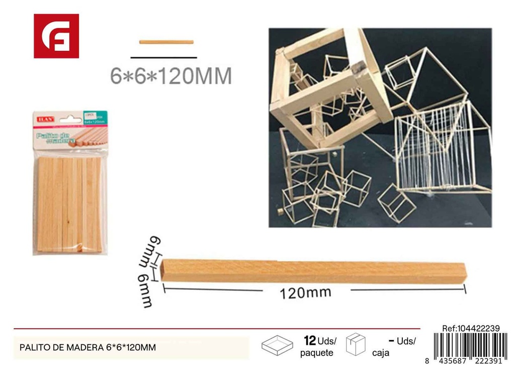 Palito de madera 6 x 6 x 120 mm - Manualidades