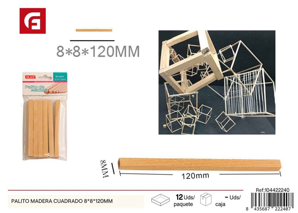 Palito de madera cuadrado 8x8x120 mm - Manualidades