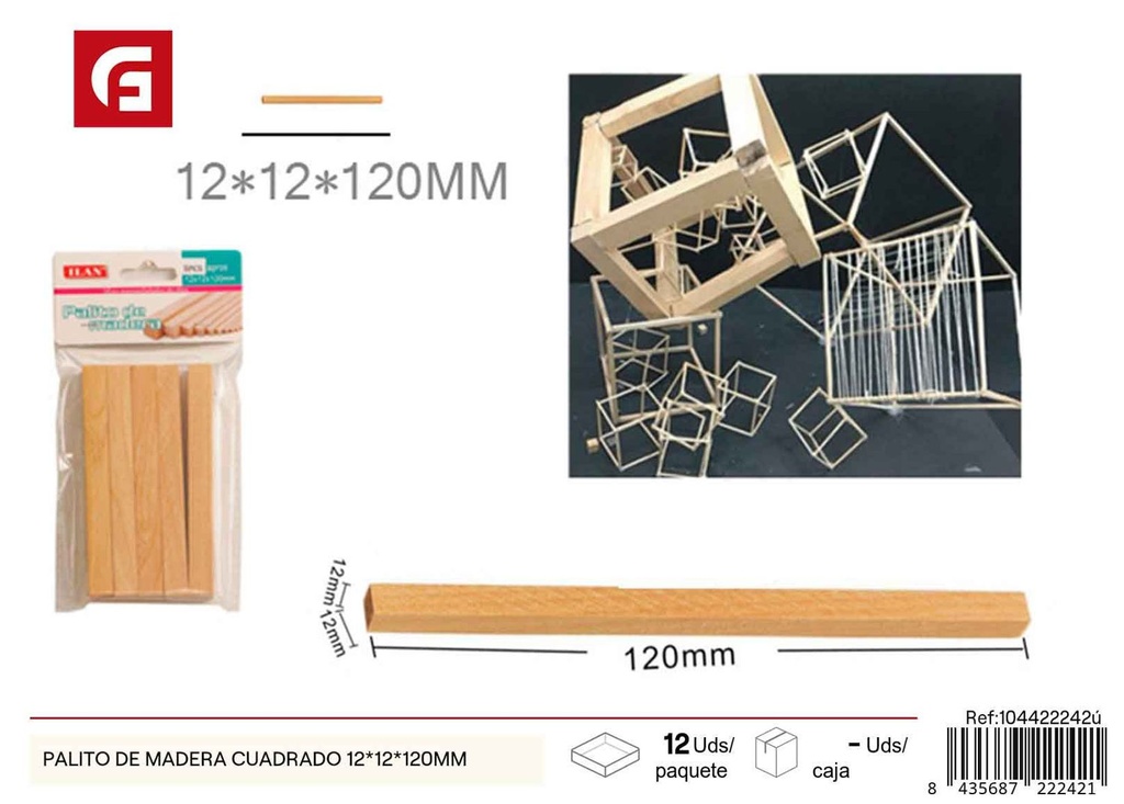 Palito de madera cuadrado 12x12x120mm - Artículos de manualidades