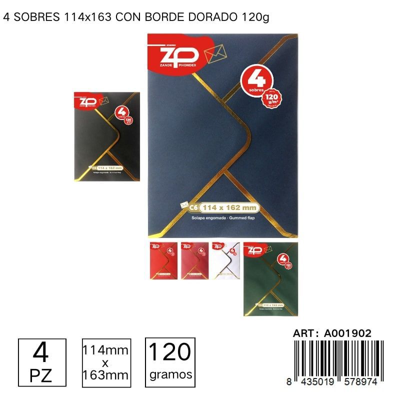 Paquete de 4 sobres con borde dorado 114x163 120g - Papelería y empaques