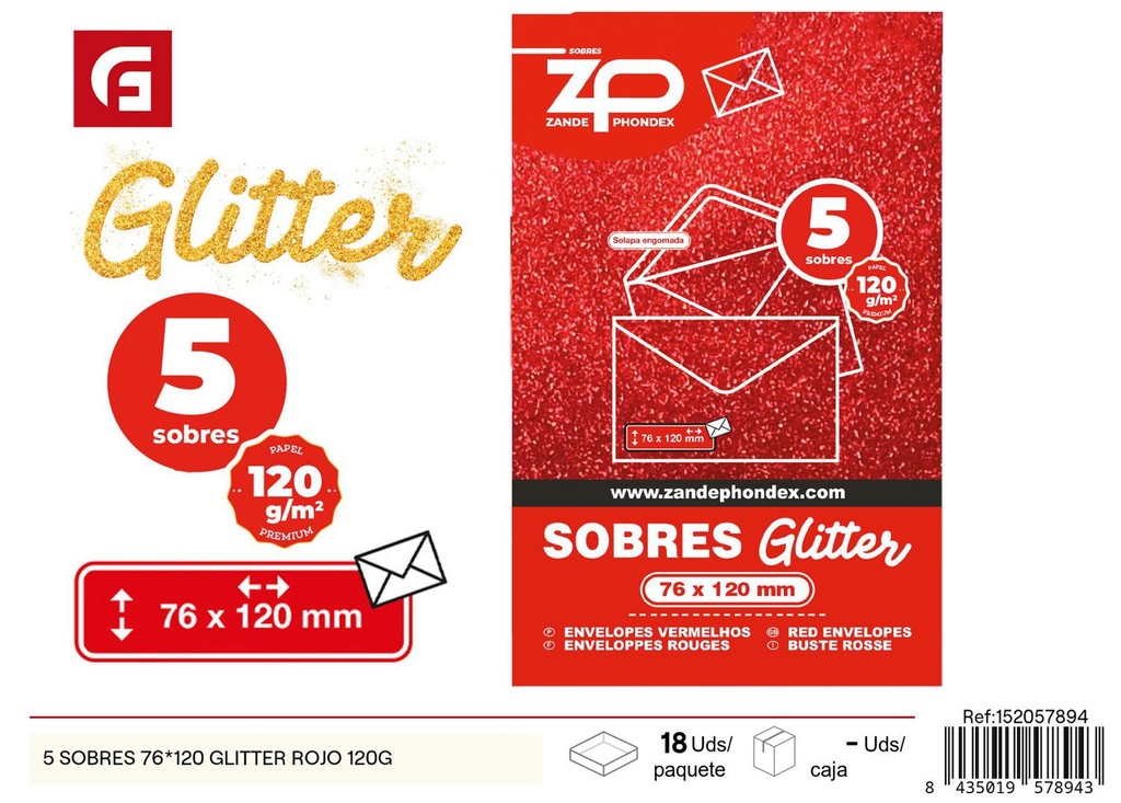 5 sobres 76x120 glitter rojo - Papelería personalizada y elegante