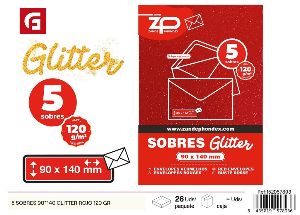 5 sobres 90x140 glitter rojo 120G - Envío festivo y papelería