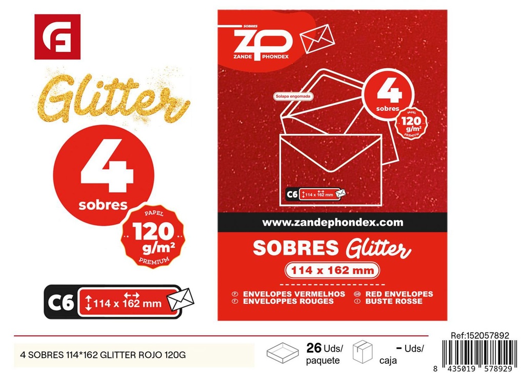 4 sobres 114*162 glitter rojo 120 g - Papelería