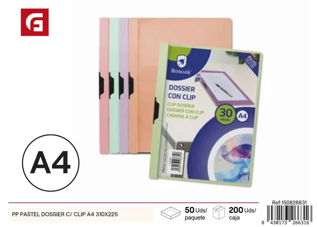 Folder PP pastel con clip A4 310x225mm - Material de oficina